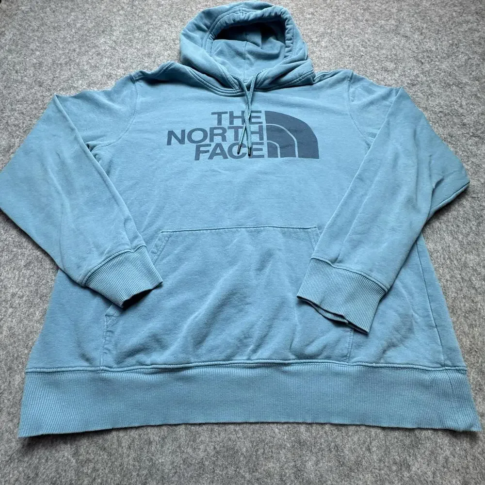 The North Face Hoodie Mens Large Blue Graphic Logo Pullover Fleece Sweatshirt